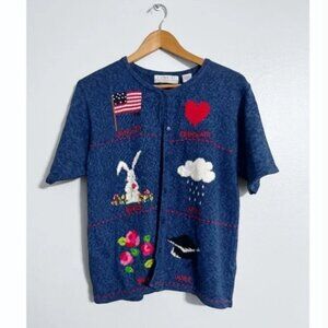 Marisa Christina Vintage Classic Bunny Embroidered Novelty Sweater Cardigan.